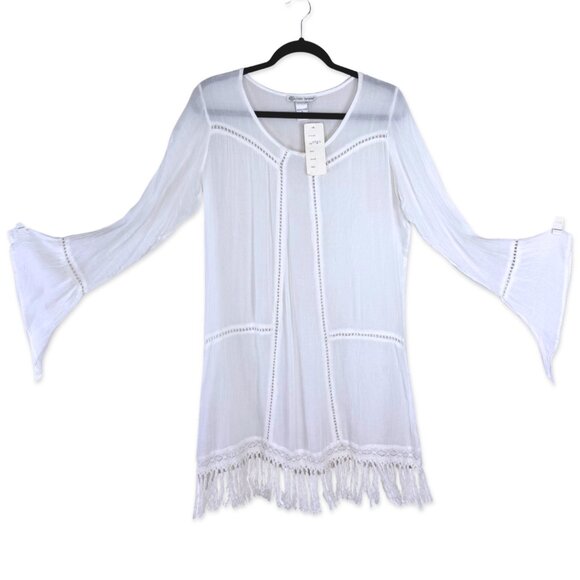 Cute Options White Boho Tunic Dress Small Bell Sleeve Fringe Hem Beach Cover Up - Picture 1 of 5